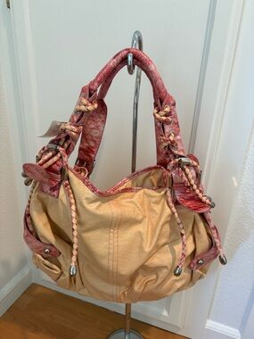 Two-Tone Beige and Pink Braided-Trim Shoulder Bag